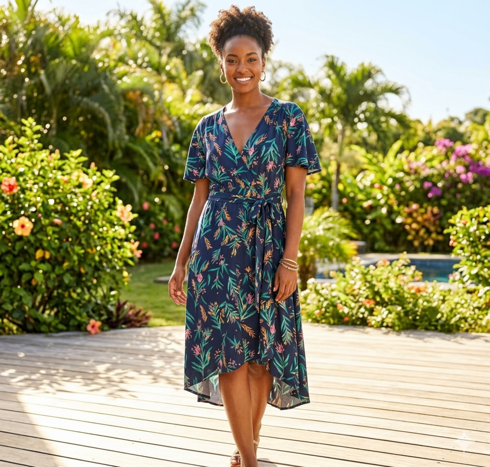 ModCloth Navy Tropical Floral Print Short Sleeve Wrap Dress with Tie Waist, S